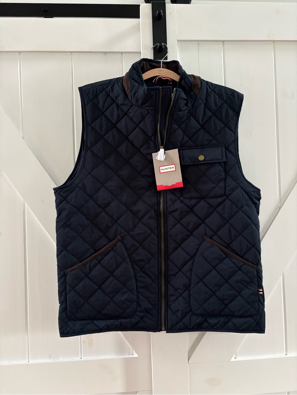 Hunter Men’s Salute Navy Quilted Vest with Corduroy Brown Trim